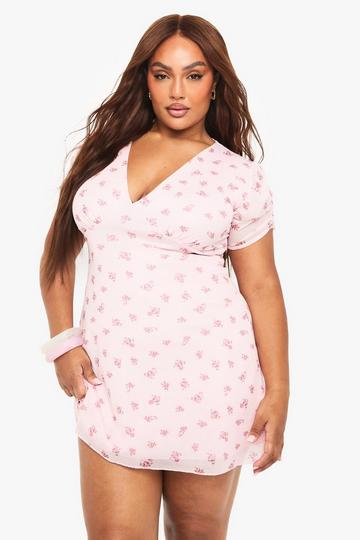 Plus Mesh Ditsy Angel Sleeve Sundress pink