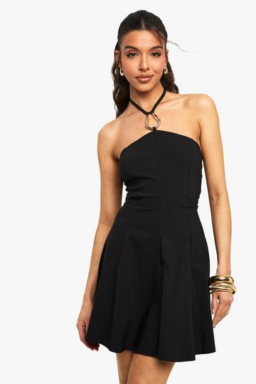 Halter Neck Trim Detail Volume Skater Dress black