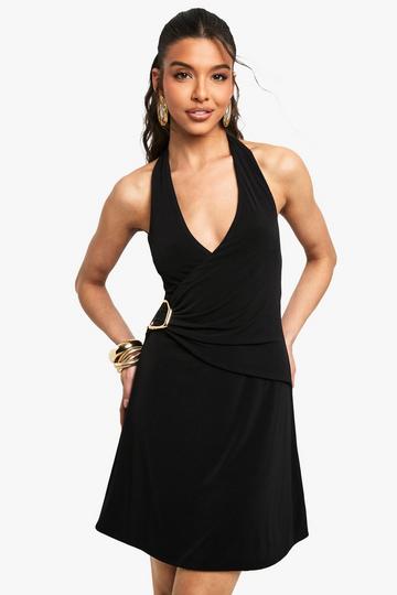 Halter Neck Trim Detail Wrap Mini Dress black