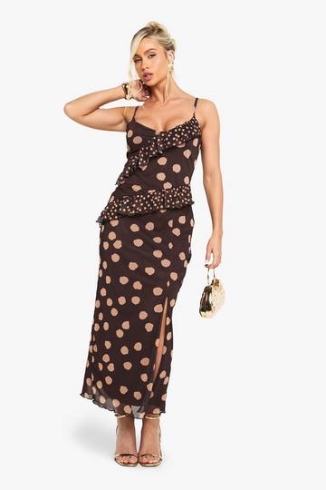 Mixed Polka Dot Ruffle Mesh Maxi Dress chocolate