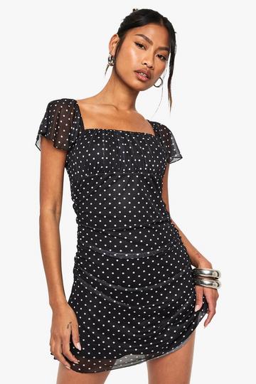 Polka Dot Mesh Ruffle Mini Dress black