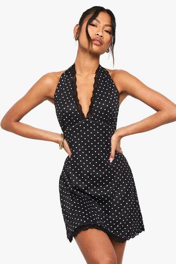 Polka Dot Lace Trim A-Line Mini Dress black