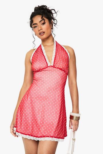 Polka Dot Lace Trim A-Line Mini Dress red
