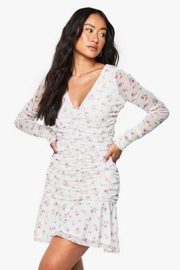 Floral Printed Ruched Plunge Skater Dress white