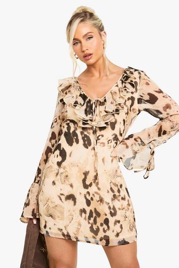 Chiffon-Kleid mit Rüschen und Animalprint brown