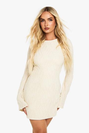 Textured Flare Sleeve Mini Dress cream