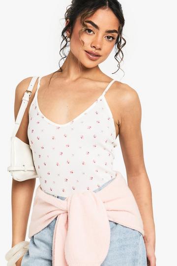 Ditsy Print Rib High Apex Cami Bodysuit white