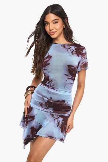 Blurred Floral Printed Slash Neck Angel Sleeve Skater Dress blue