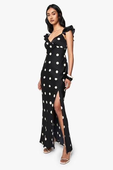 Polka Dot Satin Frill Sleeve Split Maxi Dress black