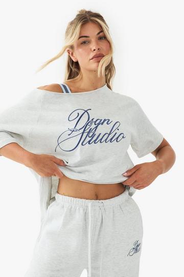 DSGN Studio Script Embroidered Off The Shoulder T-Shirt ash grey
