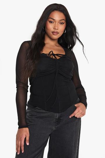 Plus Bengaline Mesh Sleeve Corset Top black