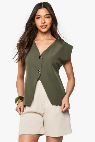 Crêpe Gilet Met Gouden Knoop Detail En V-Hals khaki