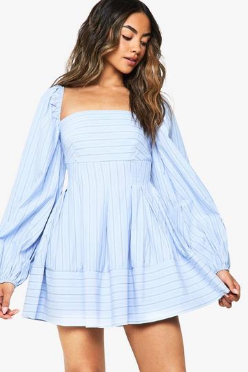 Blue Stripe Puff Sleeve Square Neck Skater Dress