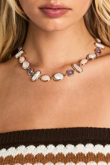 Pearlised Stone Detail Statement Necklace gold