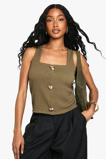 Textured Square Neck Button Detail Top khaki