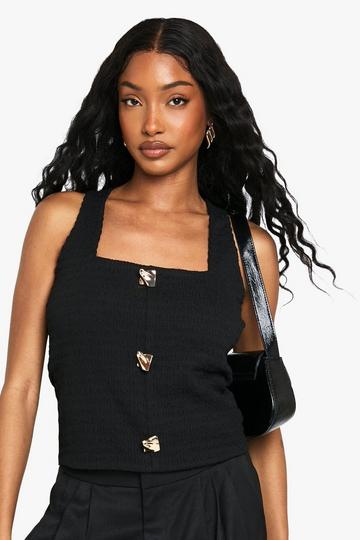 Top Met Textuur, Vierkante Hals En Knopen black