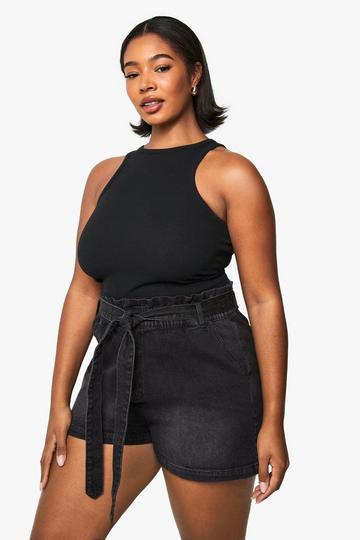 Plus Denim Shorts Met Geplooide Taille washed black