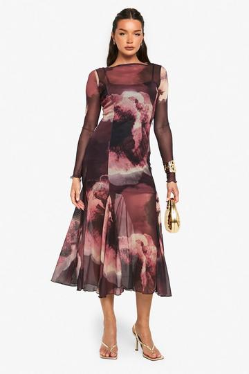 Slash Neck Floral Mesh Print Godet Hem Midaxi Dress plum