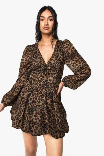 Chiffon Leopard Print Puff Sleeve Milkmaid Skater Dress leopard