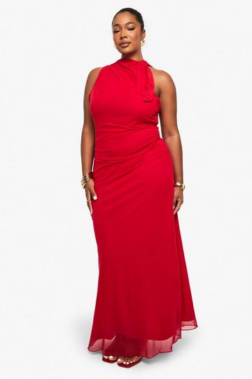 Plus mesh rouched maxi dress red