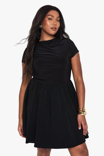 Plus fabric mix draped skater dress black