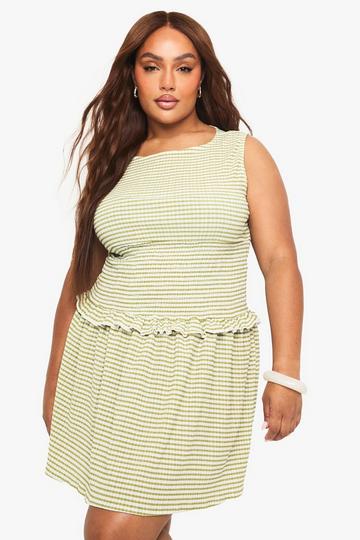 Plus Shirred Waist Gingham Mini Skater sage