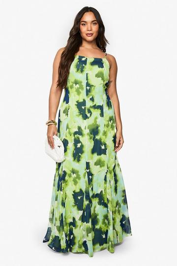 Plus panelled abstract chiffon maxi dress chartreuse