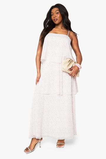 Plus ditsy chiffon tiered maxi dress pink