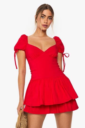 Frill Puff Sleeve Milkmaid Mini Dress red