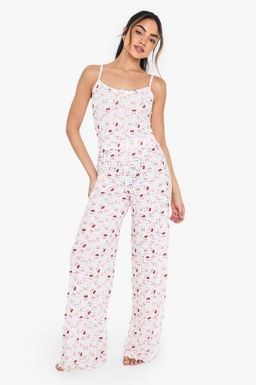 Mixed Bow & Cherry Print Cami & Wide Leg Trousers Pyjama Set white