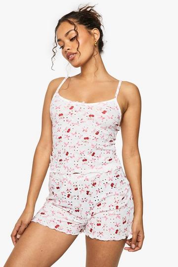 Mixed Bow & Cherry Print Cami & Shorts Pyjama Set white