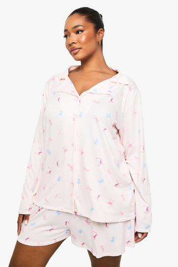 Plus Bow Print Long Sleeve Shirt & Short PJ Set pink