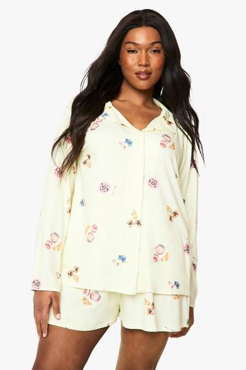 Plus Breakfast Print Long Sleeve Shirt & Short PJ Set lemon