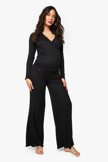 Zwangerschap Geborstelde Geribbelde Wikkeltop Met Lettuce Edge En Broek Lounge Set black