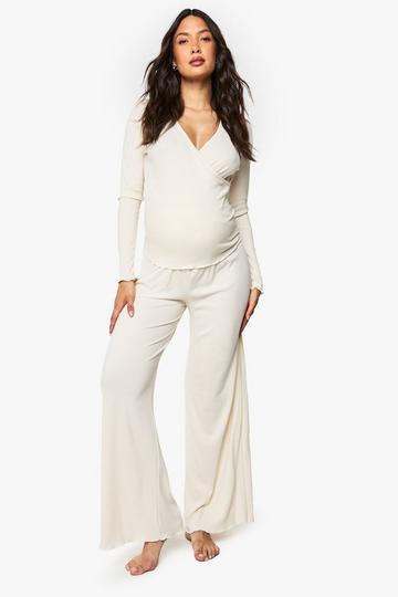 Maternity Brushed Rib Wrap Lettuce Hem Top & Trouser Lounge Set ecru