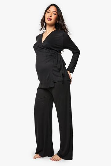 Maternity Brushed Rib Wrap Tie Top & Trouser Lounge Set black
