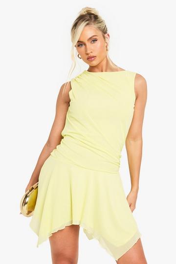 Floral Mesh Ruched Detail Skater Mini Dress lemon