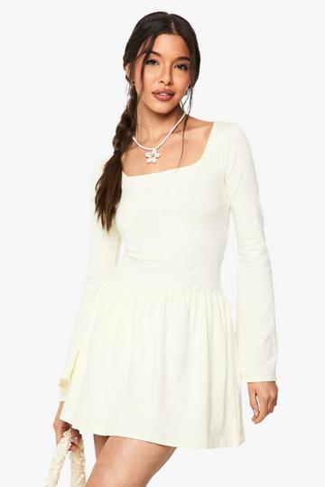 Square Neck Dropped Puff Ball Hem Mini Dress lemon