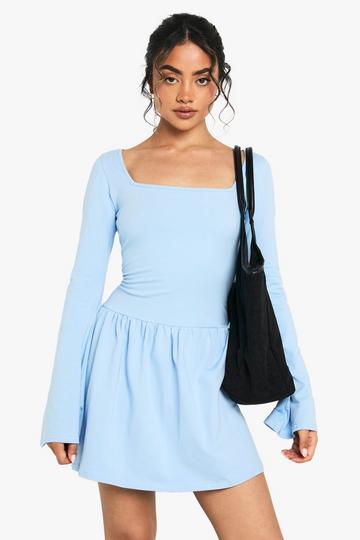 Square Neck Dropped Puff Ball Hem Mini Dress powder blue