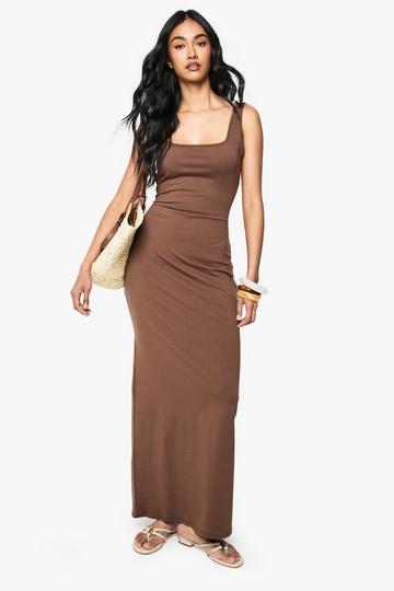 Cotton Scoop Neck Column Maxi Dress chocolate