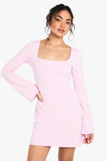Cotton Square Neck A- Line Mini Dress baby pink