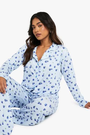 Petite Blueberries Print Long Sleeve and Trouser PJ Set blue
