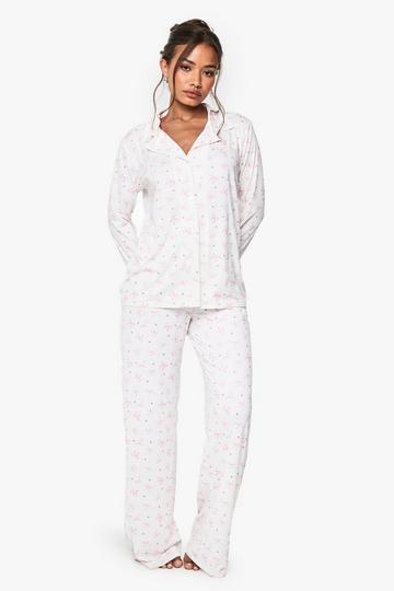 Bow Print Long Sleeve Shirt & Trousers Pyjama Set light pink