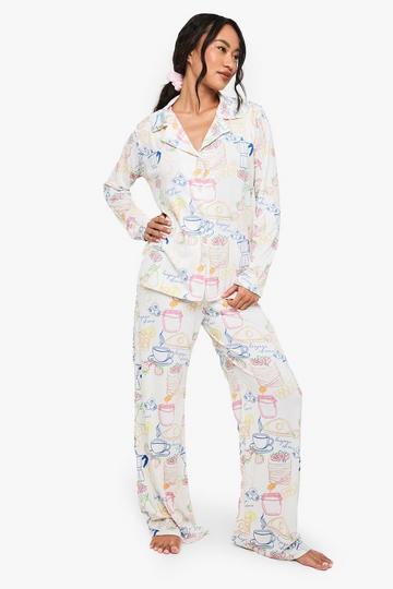 Breakfast Print Long Sleeve Shirt & Trousers Pyjama Set white