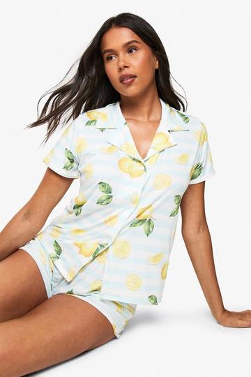 Lemon Print Stripe Short Sleeve Shirt & Shorts Pyjama Set blue