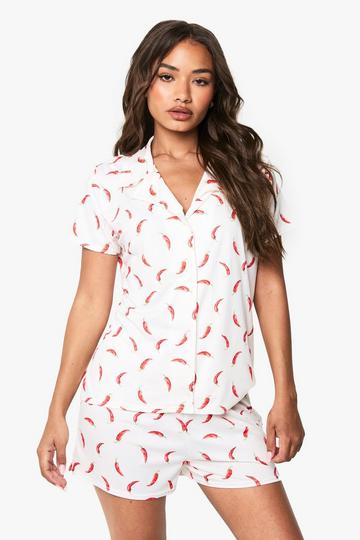 Cream White Chilli Print Short Sleeve Shirt & Shorts Pyjama Set
