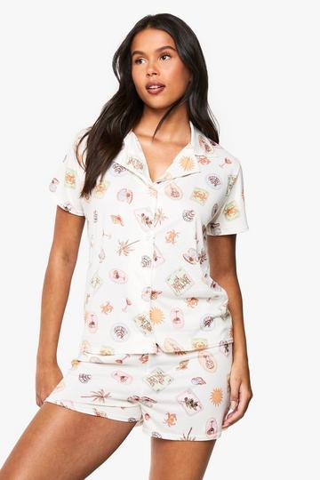 Cream White Postcard Print Short Sleeve Shirt & Shorts Pyjama Set