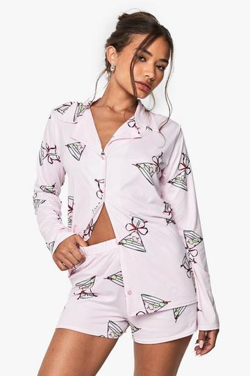 Cocktail Print Long Sleeve Shirt & Shorts Pyjama Set light pink