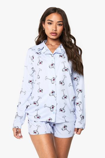 Cocktail Print Long Sleeve Shirt & Shorts Pyjama Set blue