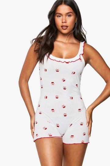 Cherry Print Soft Rib Lettuce Hem Romper white